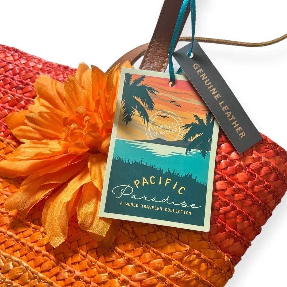 World Traveler Pacific Paradise orange rattan tote bag with change purse - Picture 9 of 11